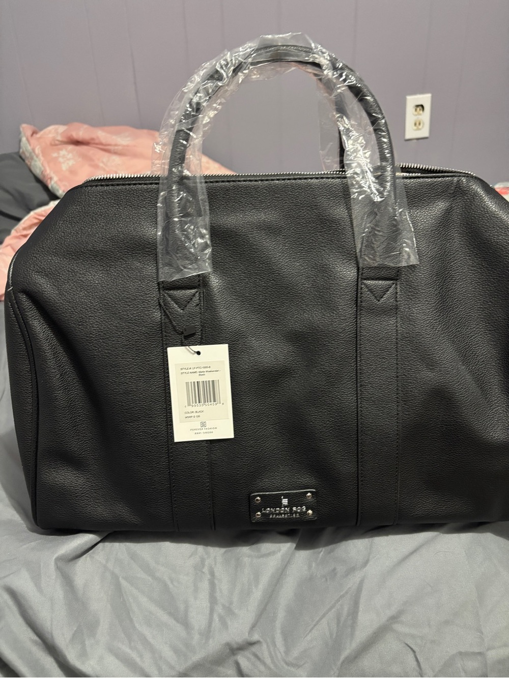 London Fog Black Pebbled Leather Travel Weekender